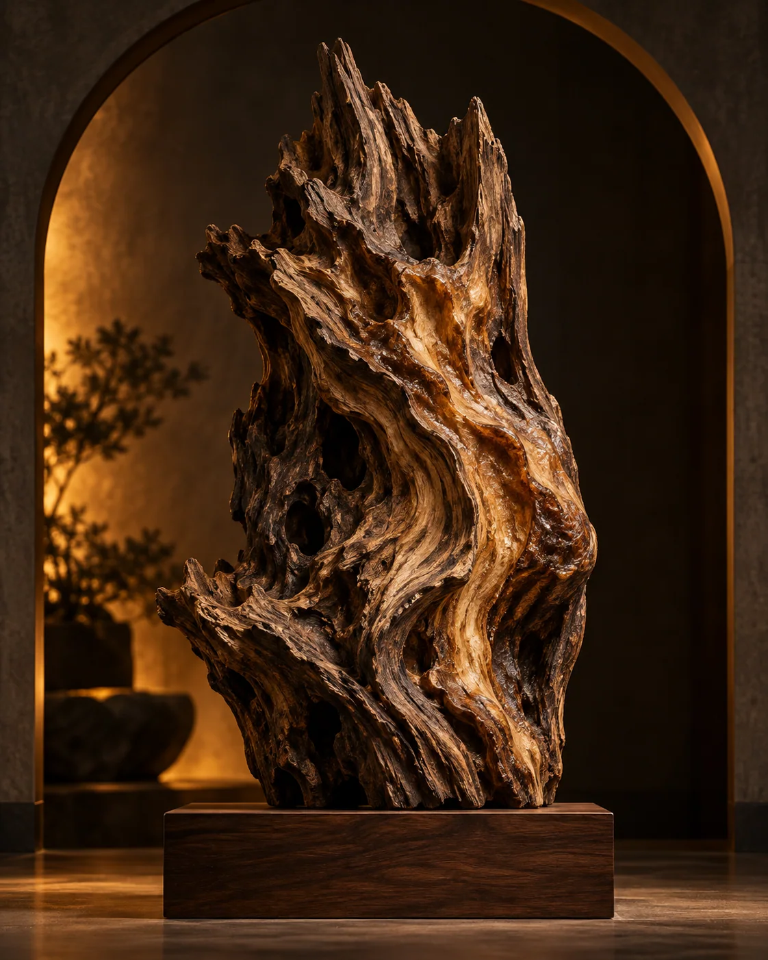 Agarwood sculpture displayed on a walnut pedestal