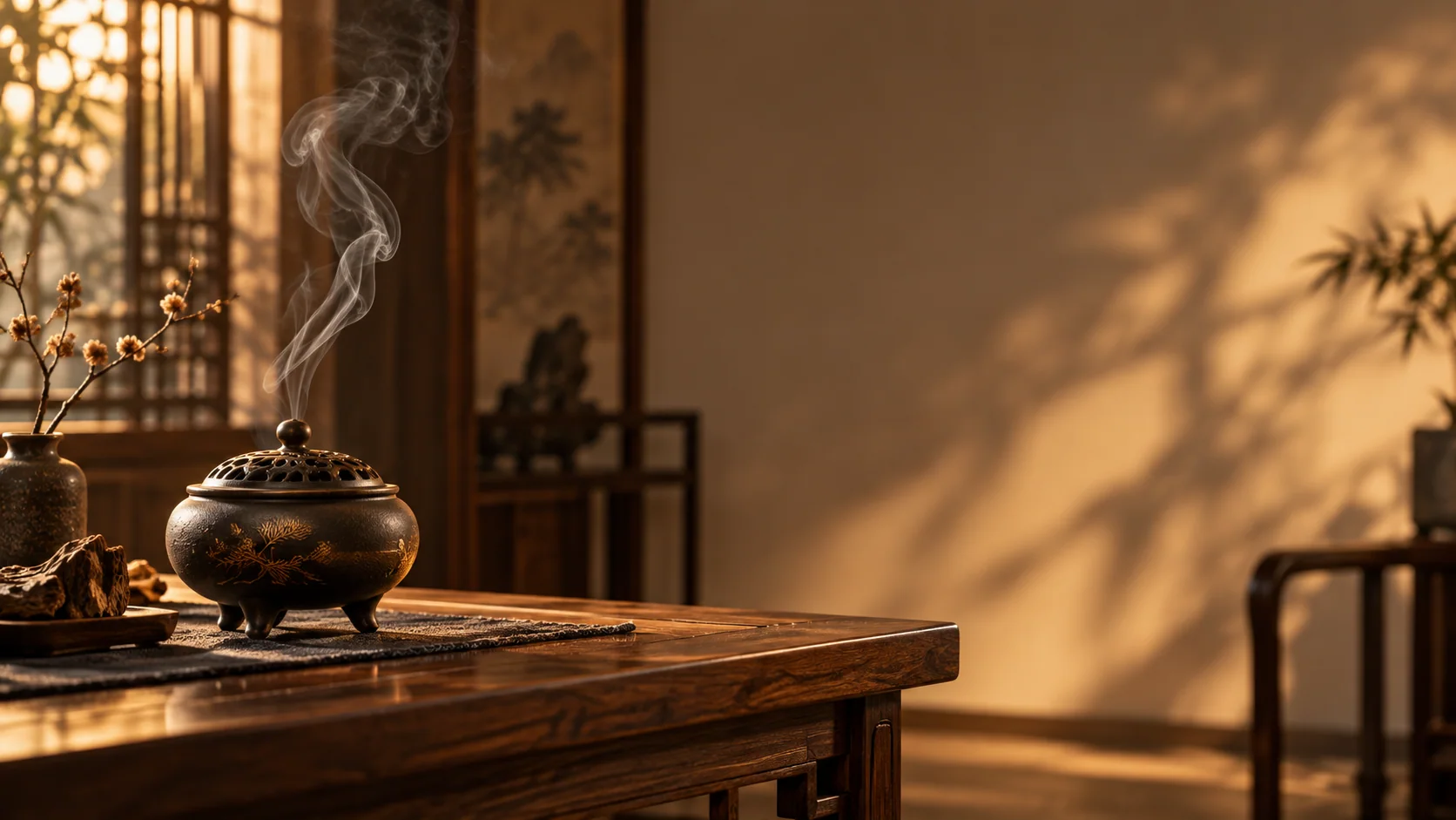 Incense burner and rising smoke in an oriental interior