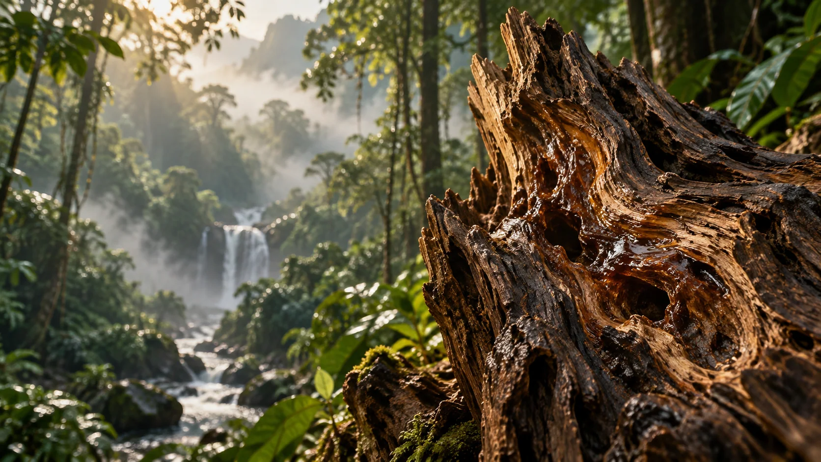 Agarwood wood beside a tropical rainforest landscape